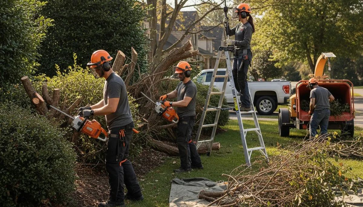 Albany, NY tree crew removing overgrown shrubs on a residential property